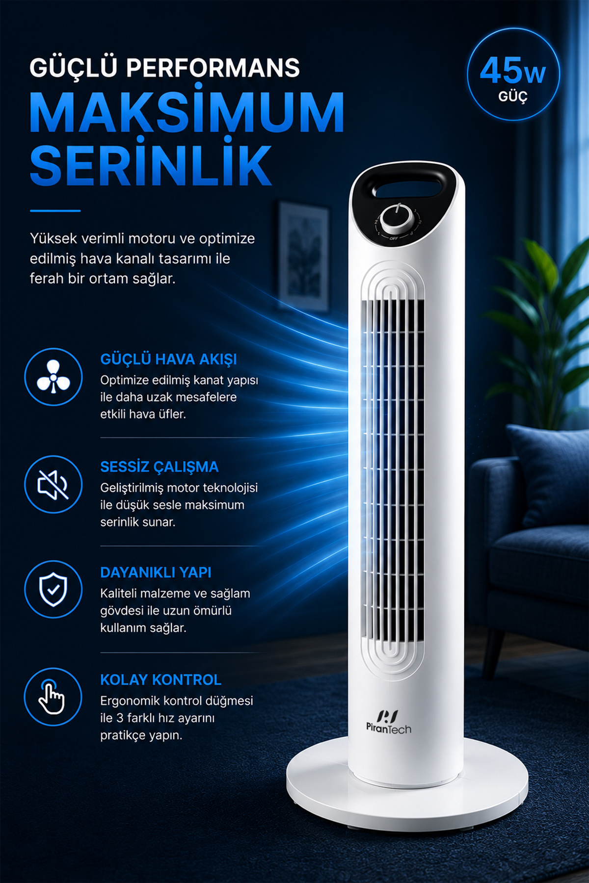 Koyu halı üzerinde duran beyaz, ince kule tipi vantilatör.