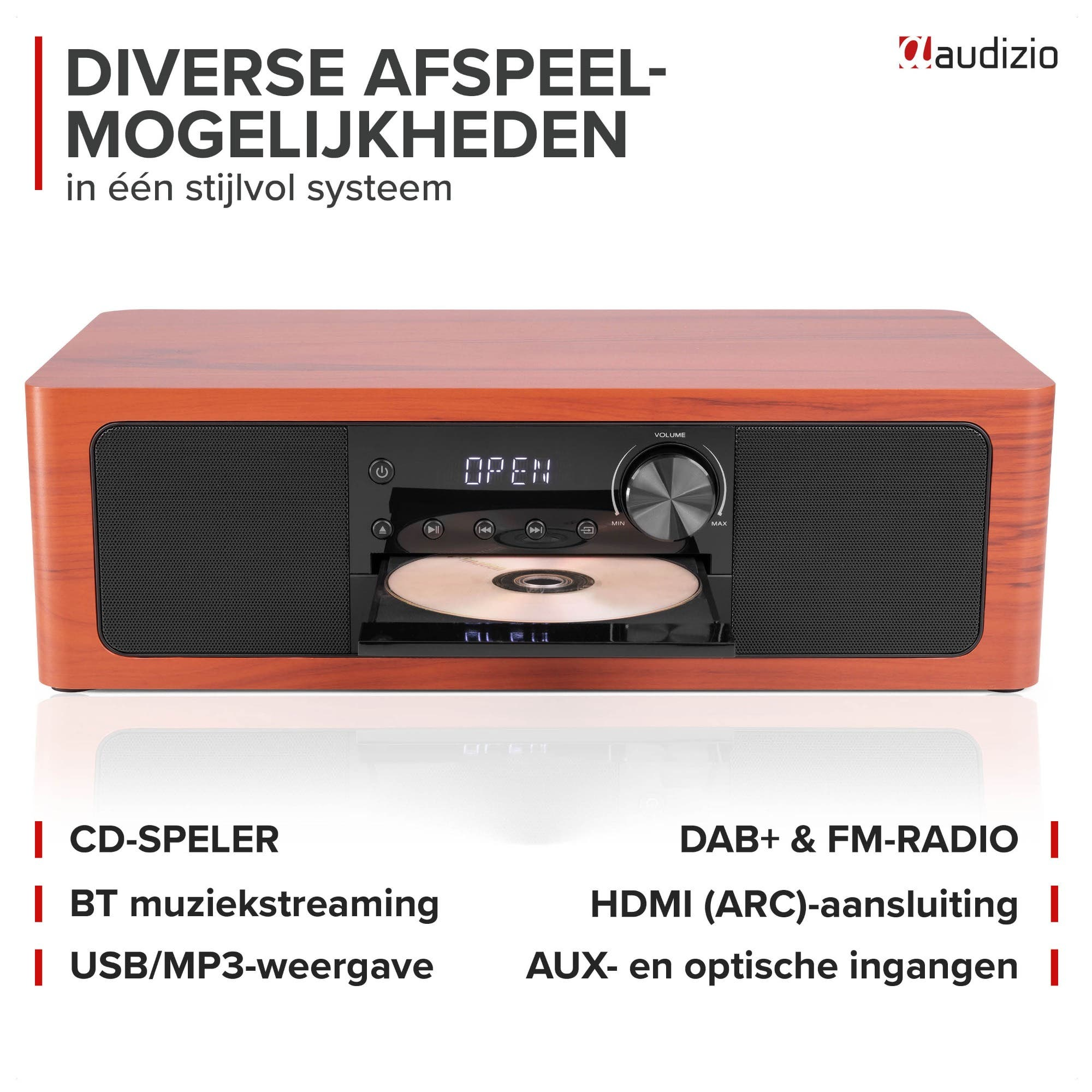 Reproductor de CD de madera con altavoces, ranura para CD y botones.