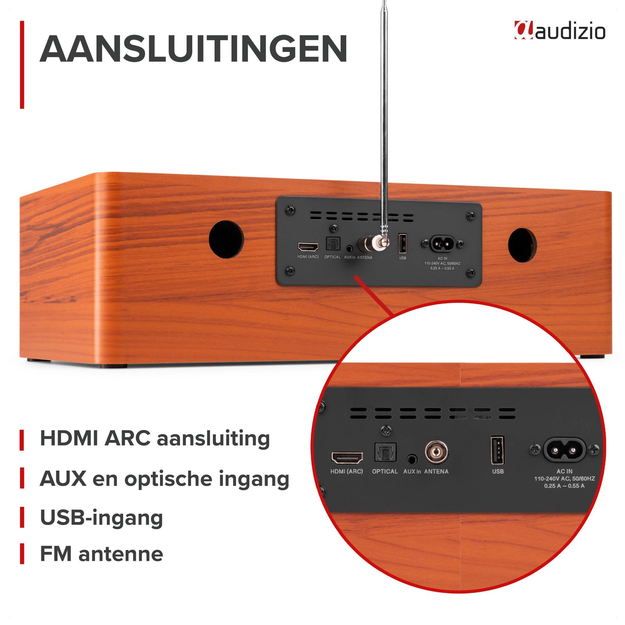 Parte trasera de radio de madera con puertos: HDMI, Óptico, AUX, USB, antena y corriente.