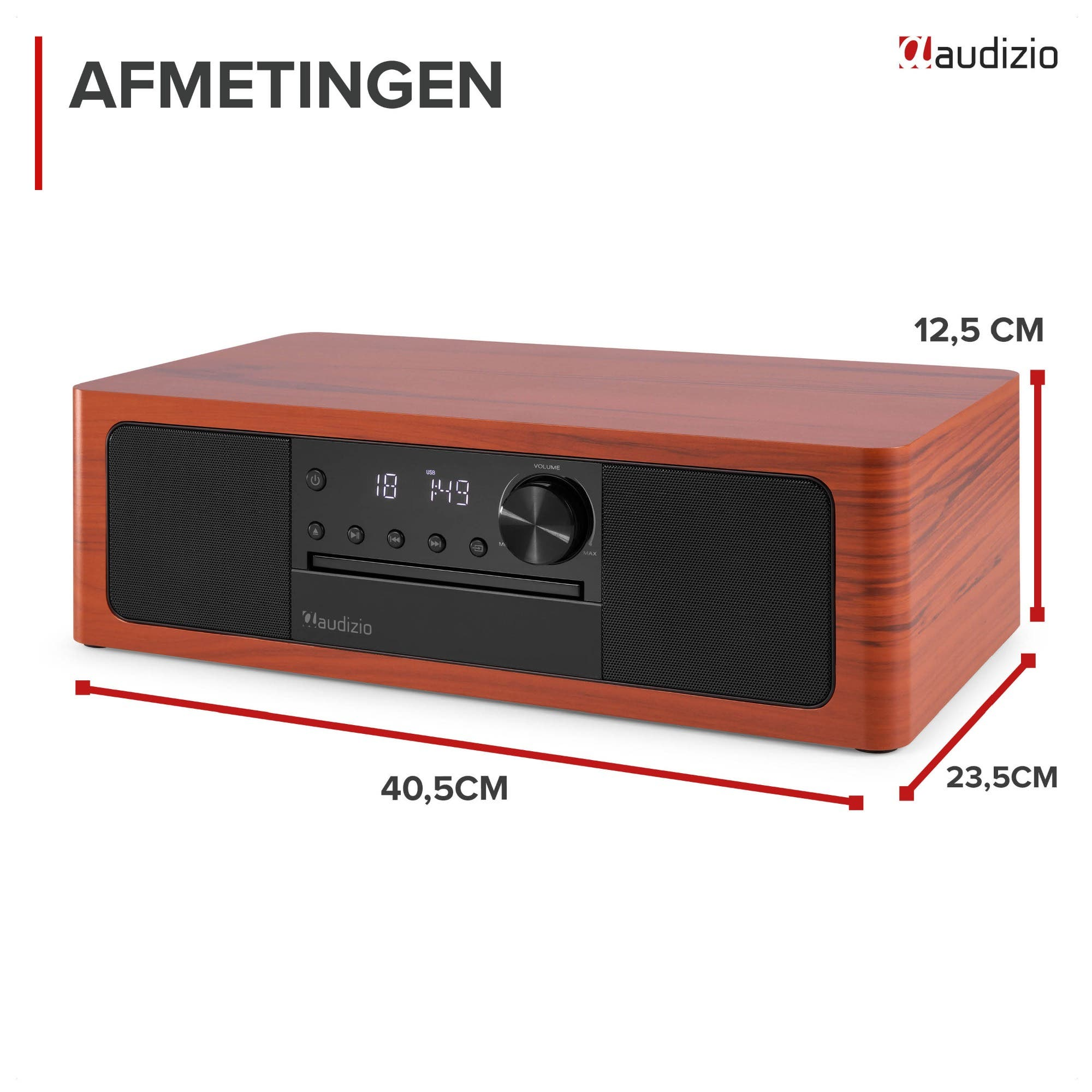 Una radio con veta de madera, dimensiones 40.5x23.5x12.5cm.