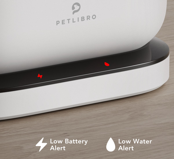 Unidad PETLIBRO blanca con luces rojas de alerta de batería y agua bajas.
