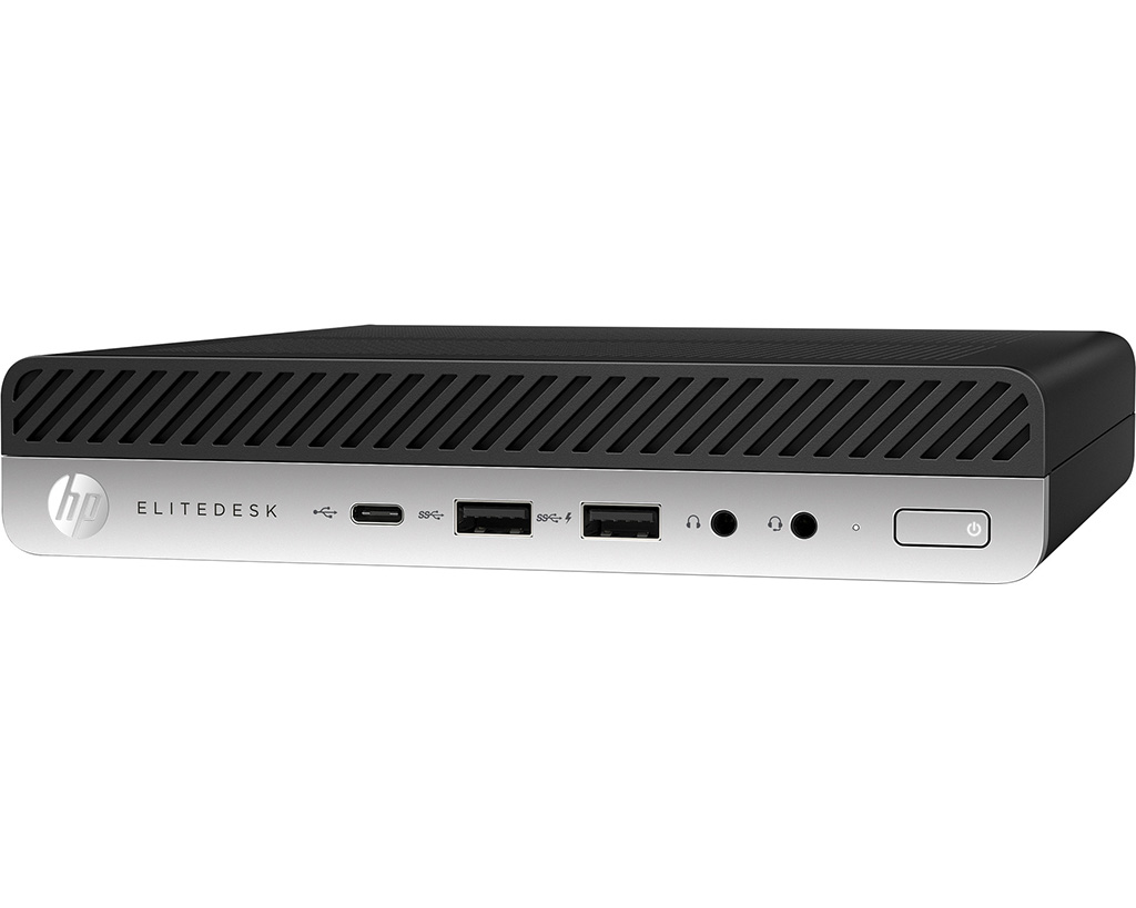 Compacte zwarte HP Elitedesk mini-pc met zilverkleurig voorpaneel en poorten.