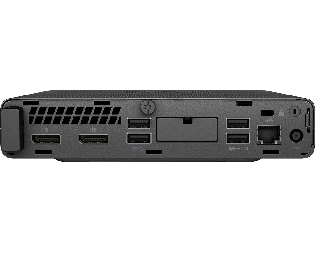 Achterkant van een kleine zwarte computer met poorten: 2x DisplayPort, 4x USB, Ethernet, stroom.
