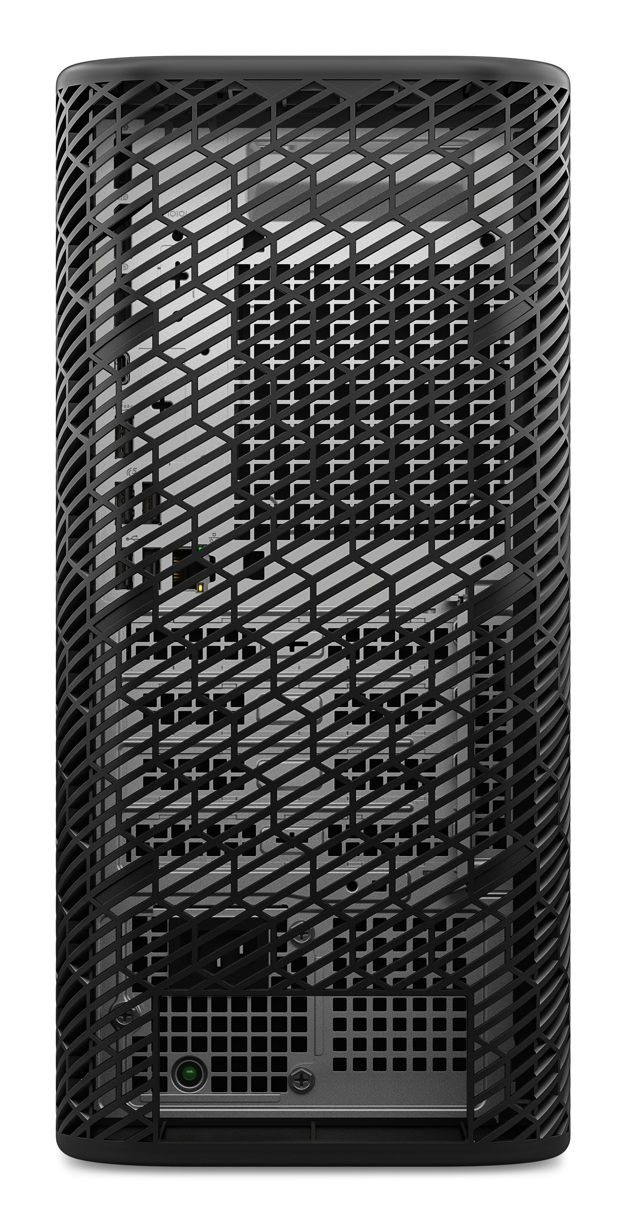 Vista trasera de torre de computadora negra con patrón de malla y puertos.