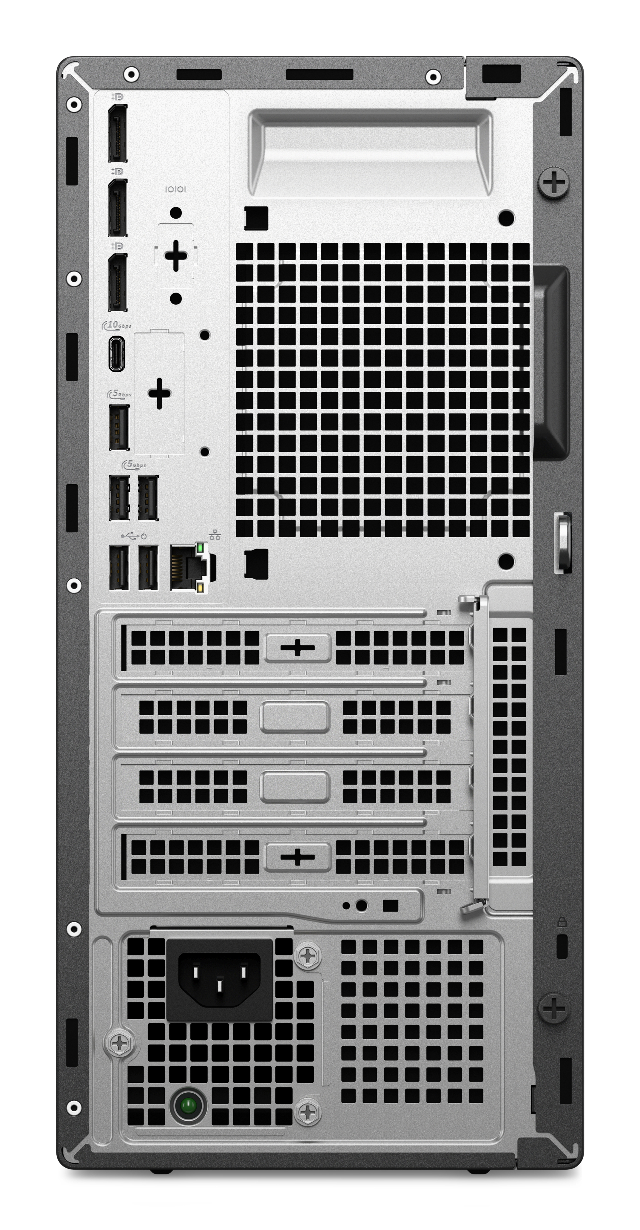 Parte trasera de un PC mostrando puertos: USB, Ethernet, alimentación y ranuras de expansión.
