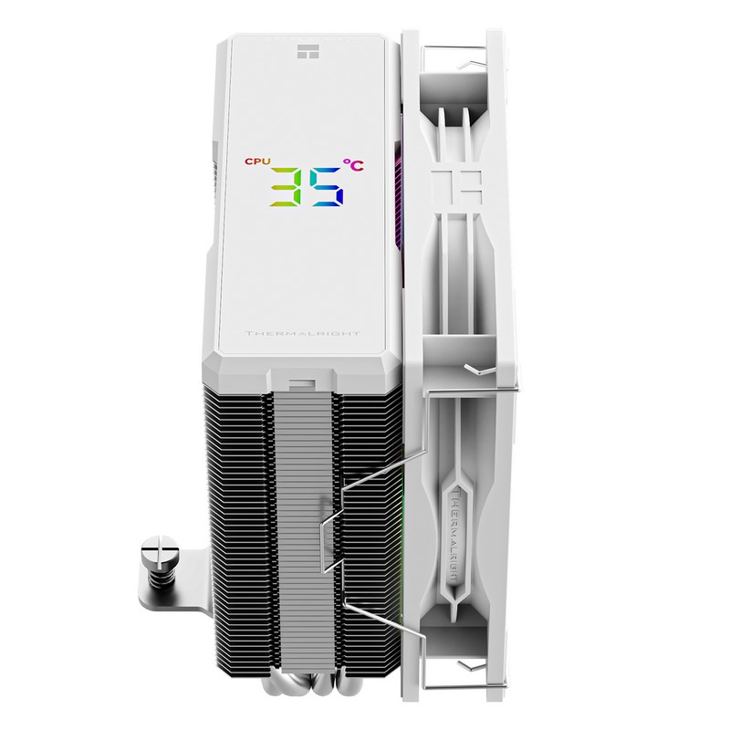 Enfriador de CPU blanco con pantalla digital que muestra 35°C. Aletas y ventilador visibles.