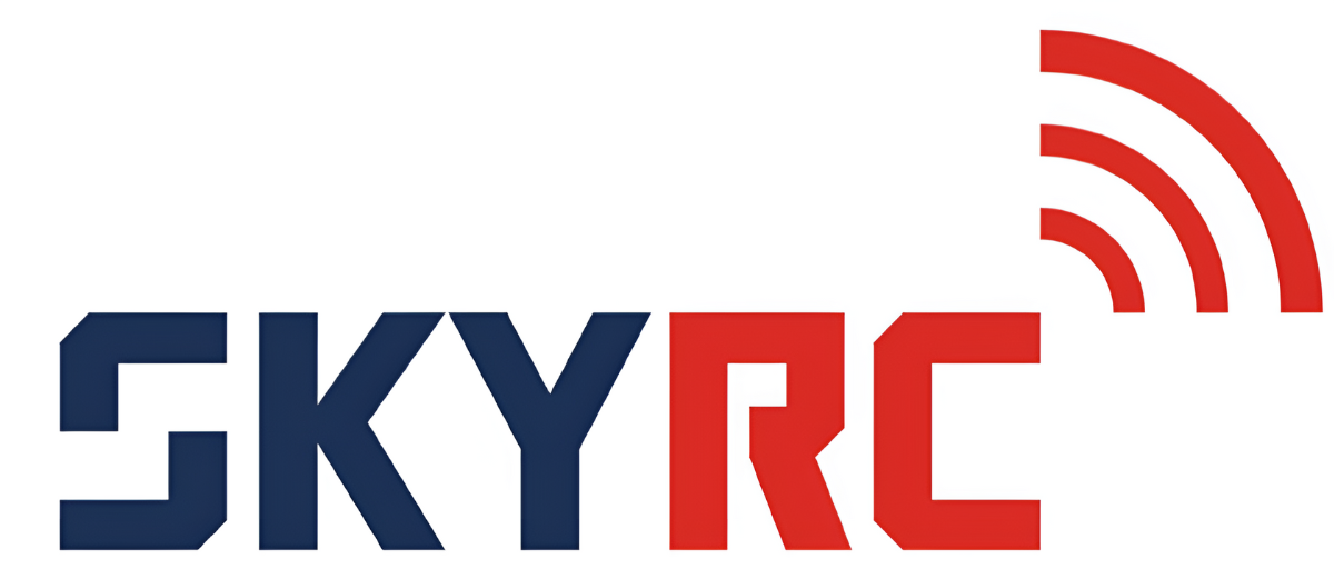 Il logo mostra le lettere SKYRC in blu scuro e rosso, con segnali di onde radio rosse.
