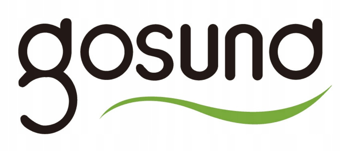 Logo przedstawia napis "gosund" czarnymi literami. Poniżej znajduje się zielony, zakrzywiony łuk.
