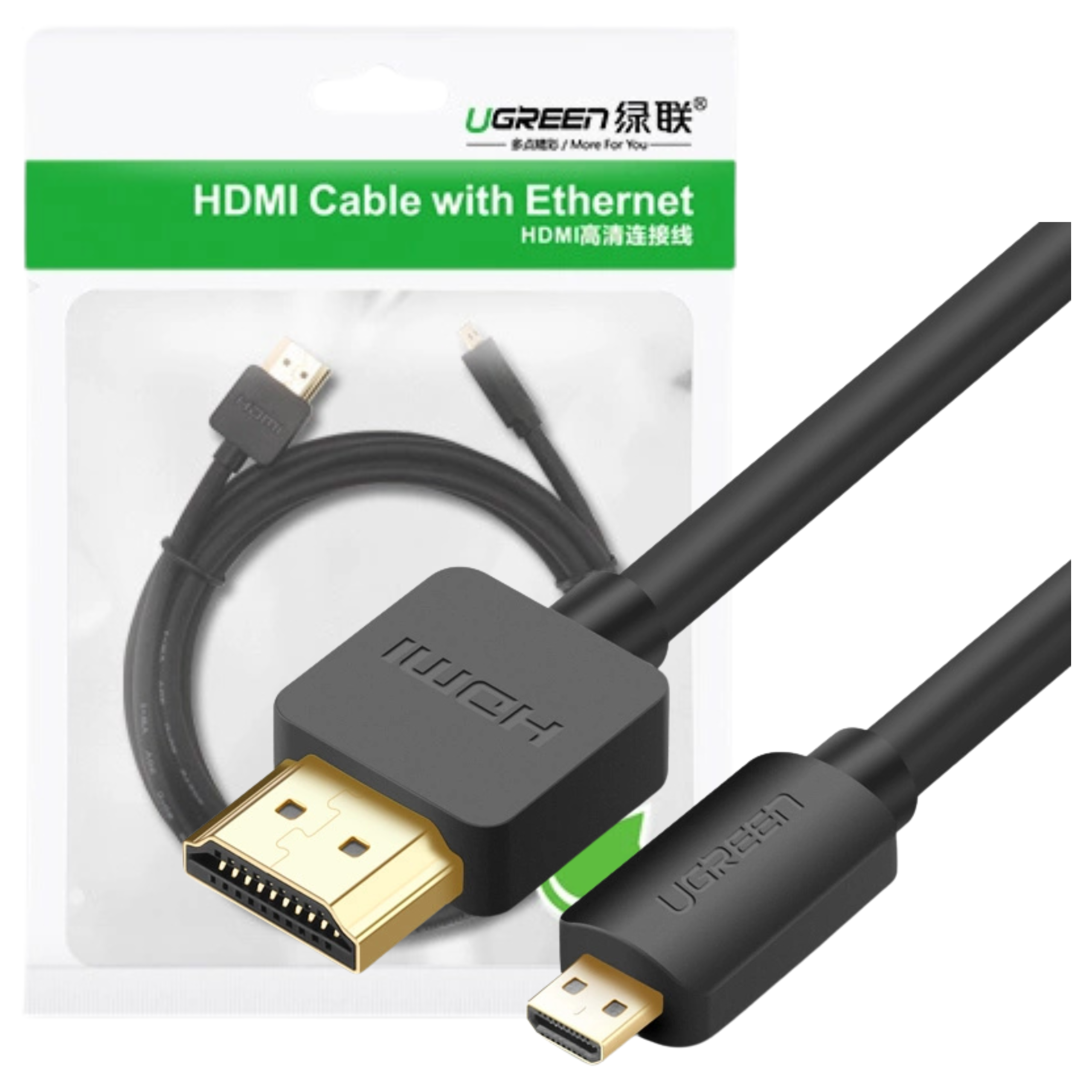 Czarny kabel HDMI z Ethernetem, złote złącza i logo UGREEN.