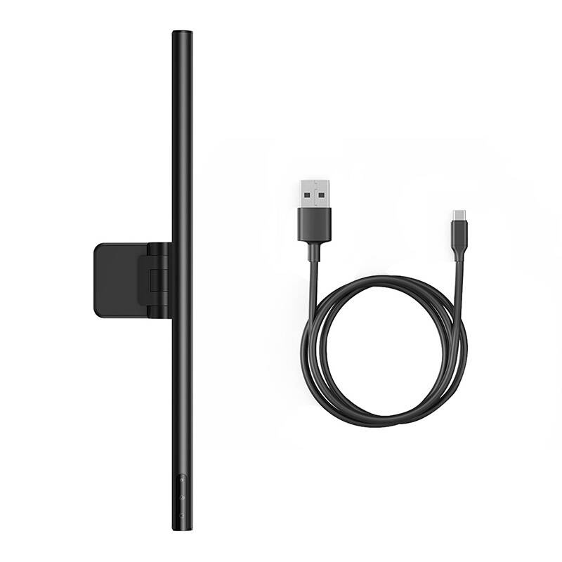 Uno schermo nero e sottile con supporto e cavo USB-C.