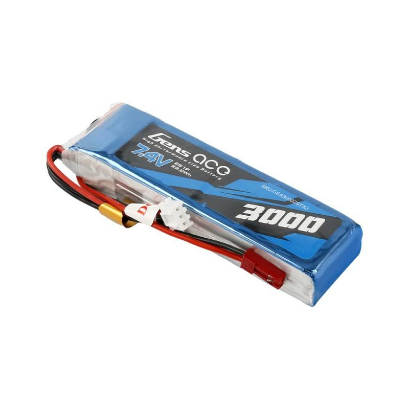 Niebieska bateria Gens ace 7.4V 3000mAh LiPo z czerwonymi przewodami.