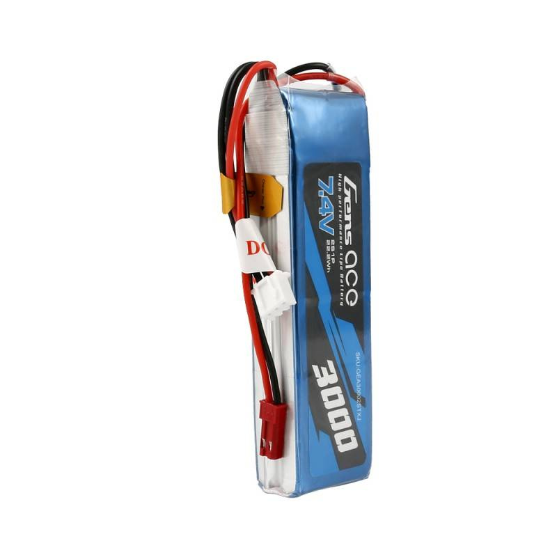 Niebieska bateria Gens Ace 7.4V 3000mAh 2S LiPo z czerwonymi i czarnymi przewodami.