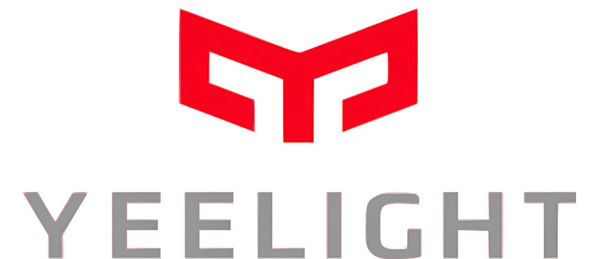 Czerwone logo nad szarym napisem YEELIGHT na białym tle.