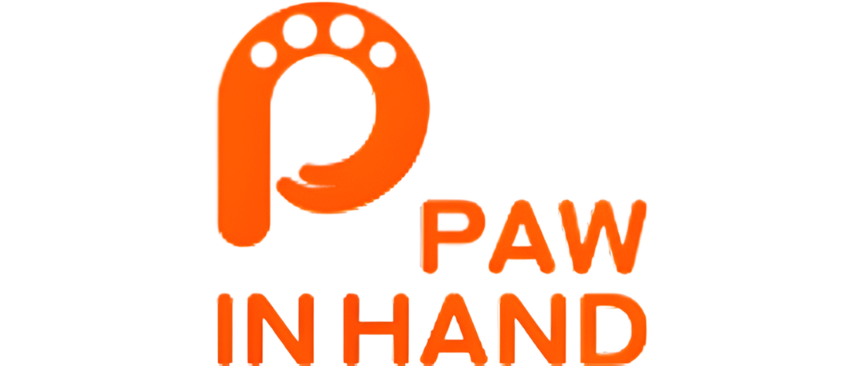 Logo arancione Paw In Hand su sfondo bianco.