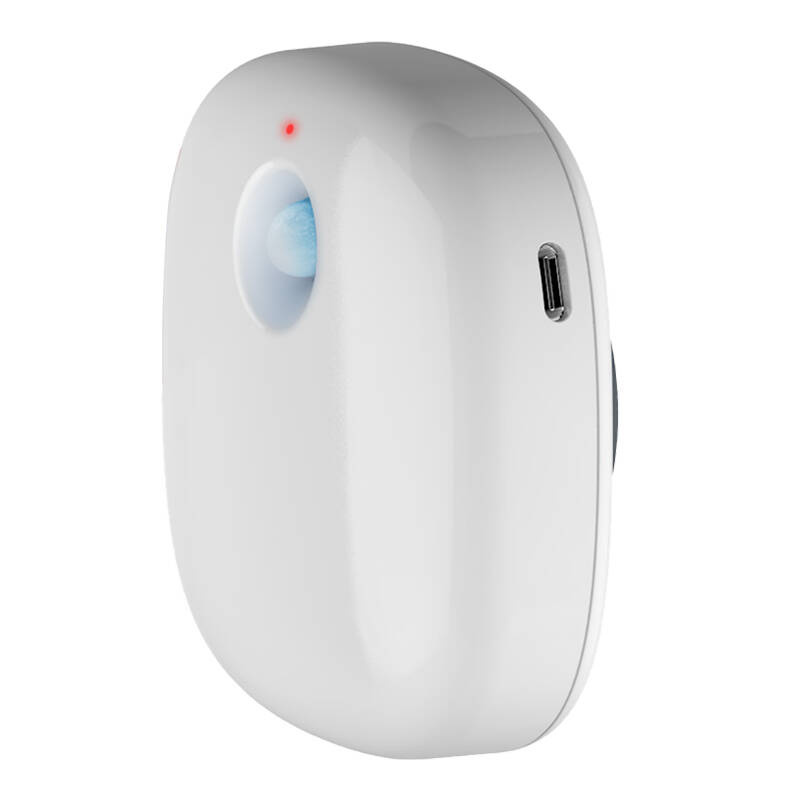 Un dispositivo ovale bianco con un punto luminoso rosso e un sensore blu.