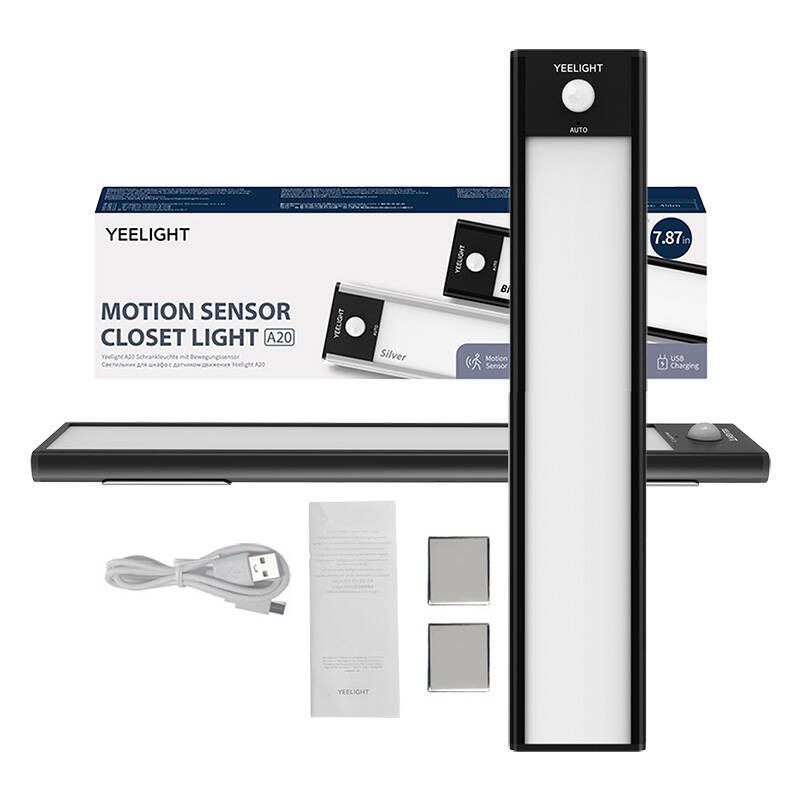 Yeelight A20 czujnik ruchu światło szafowe z kablem USB, instrukcją i akcesoriami montażowymi.