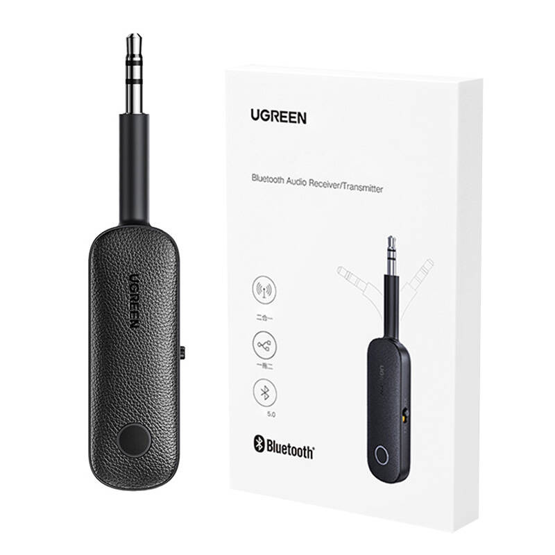 Odbiornik/nadajnik audio Bluetooth UGREEN z wtyczką jack i opakowaniem.