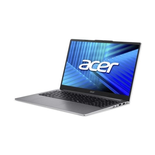 Un portátil plateado de Acer con fondo azul en la pantalla.