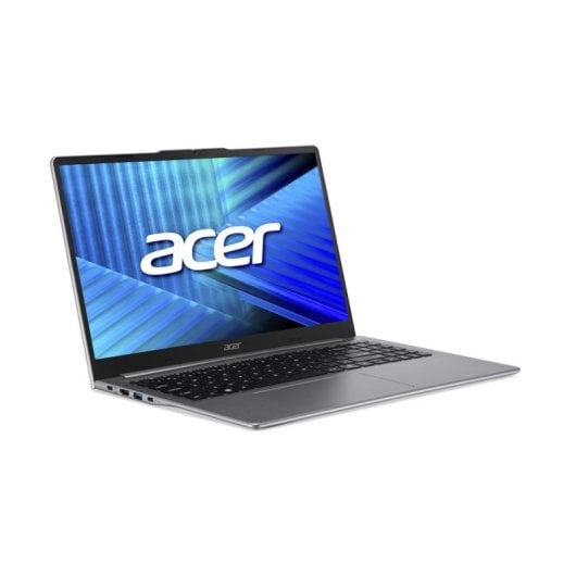 Un portátil Acer plateado abierto con fondo azul en la pantalla.