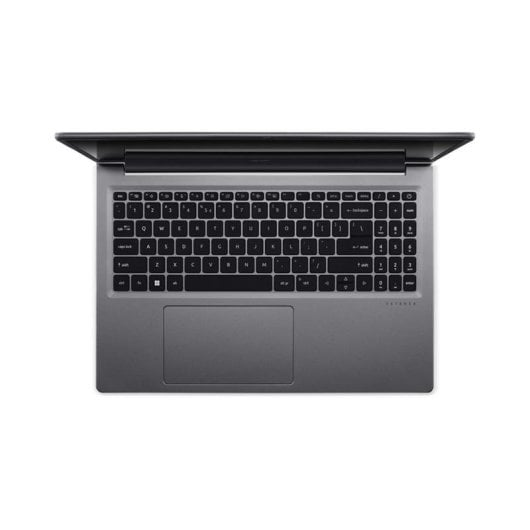 Vista superior de un portátil gris oscuro con teclado completo y trackpad.