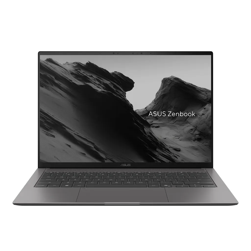 Gri Asus Zenbook dizüstü bilgisayar açık, klavye ve soyut dağ resmi gösteren ekranı var.