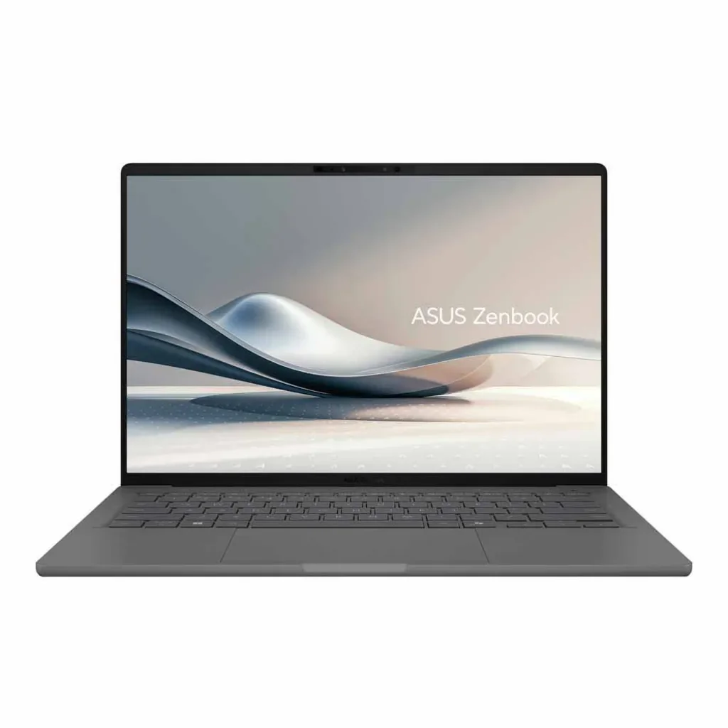 Klavye ve duvar kağıdı olan gri Asus Zenbook dizüstü bilgisayar.