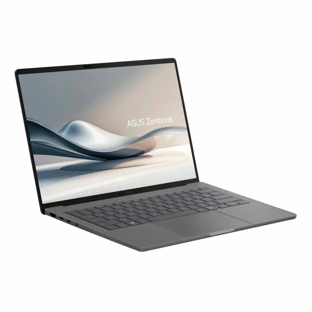 Ekranı ve klavyesi aydınlatılmış gri bir Asus Zenbook dizüstü bilgisayar.