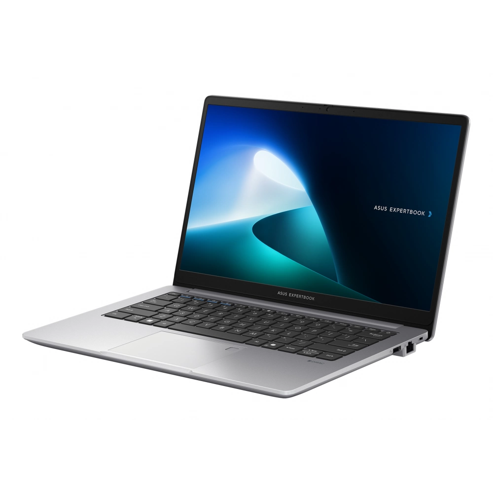 Ekranında soyut mavi duvar kağıdı olan gümüş rengi Asus ExpertBook diz üstü bilgisayar.