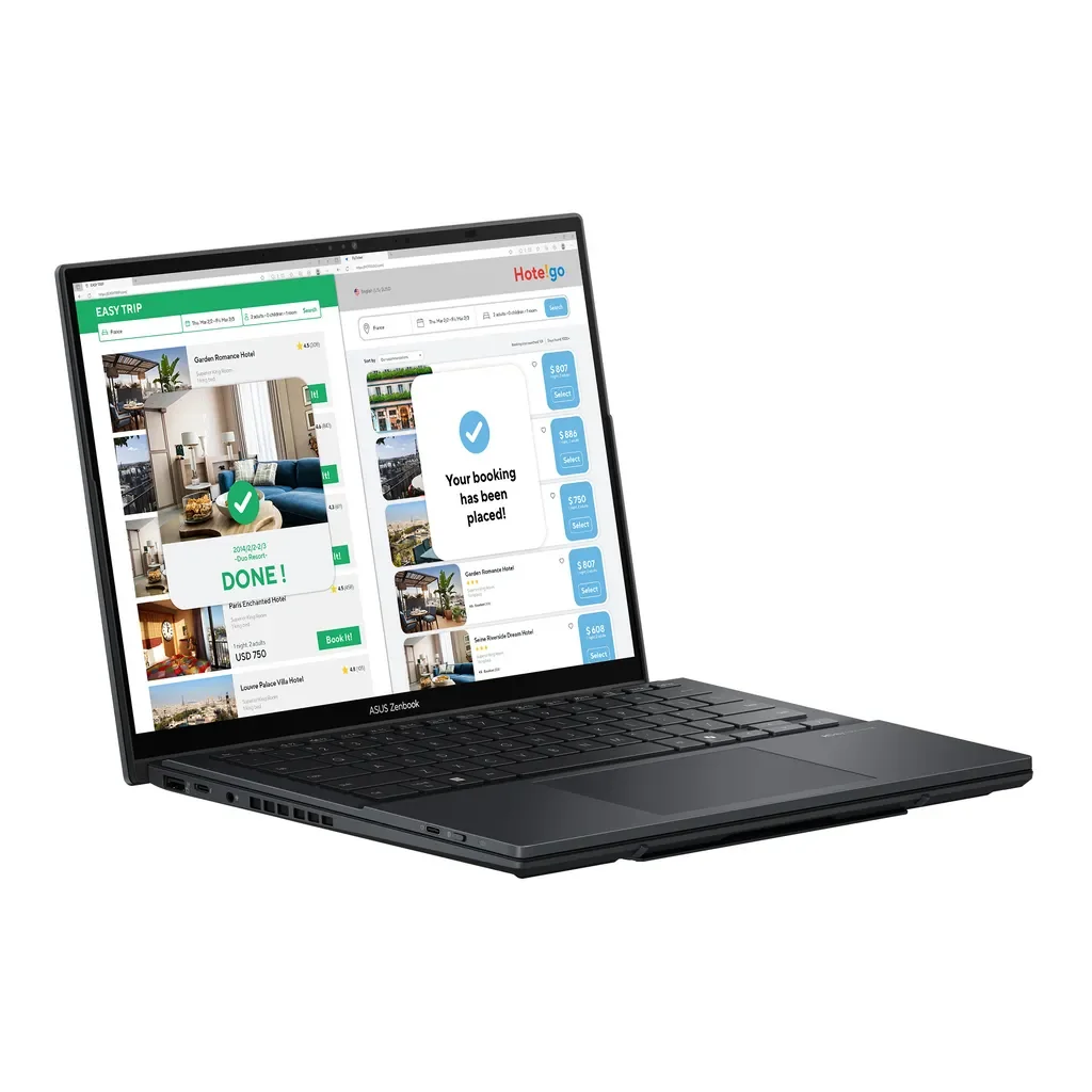 Siyah bir ASUS Zenbook dizüstü bilgisayar, onaylanmış bir rezervasyon mesajıyla otel rezervasyon web sitesini gösteriyor.