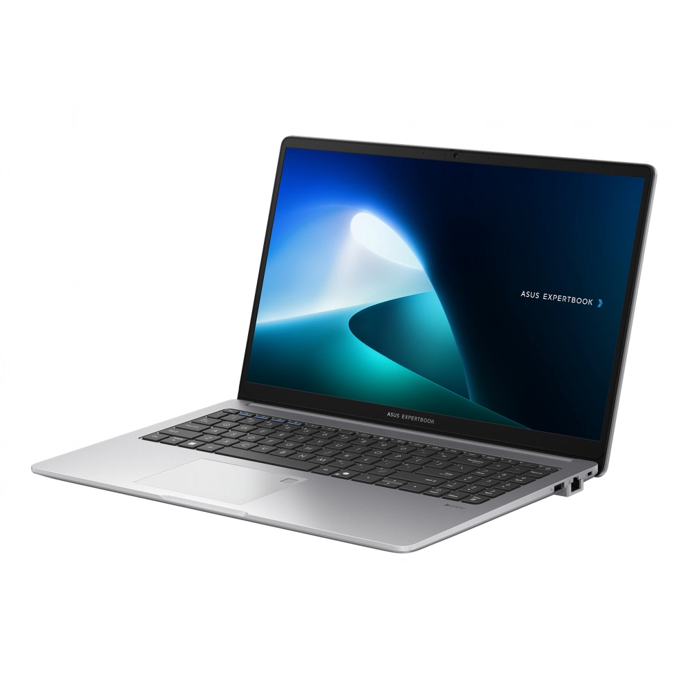 Ekranında soyut mavi ve yeşil duvar kağıdı bulunan gümüş renkli Asus Expertbook dizüstü bilgisayar.