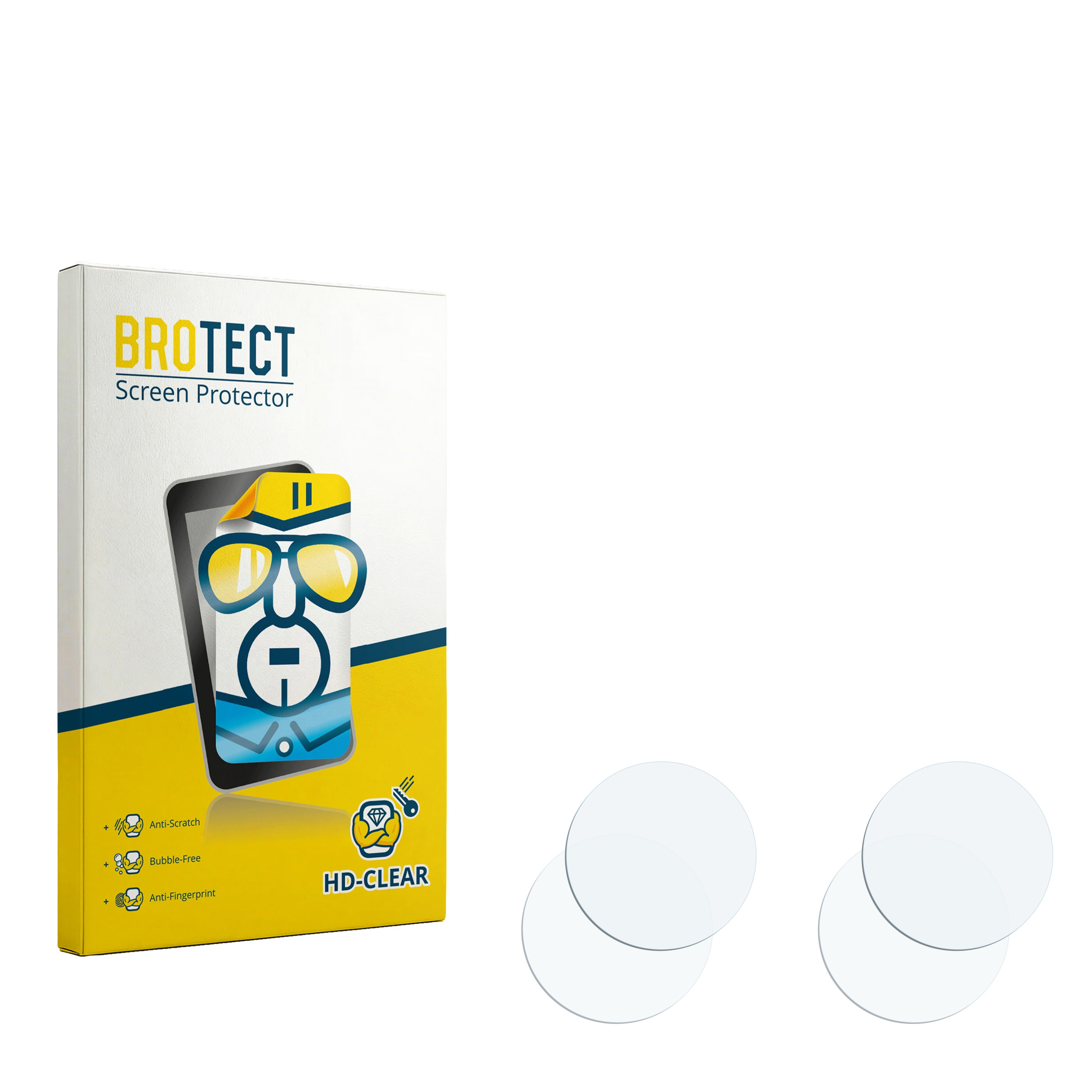 Verpackung für BROTECT Displayschutzfolie mit zwei runden Schutzfolien daneben.