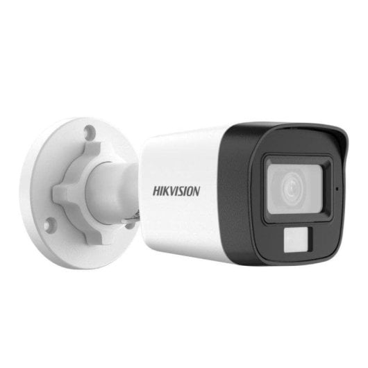 A white Hikvision camera with a black front and mounting bracket.