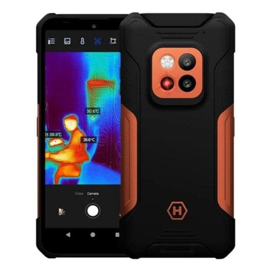 Telefono robusto nero e arancione mostra immagine termica di una persona. Schermo mostra letture.