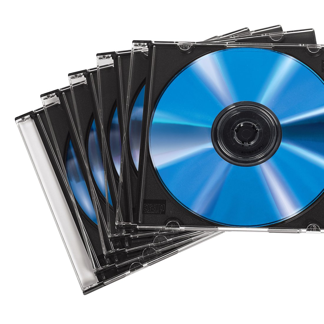 Rząd niebieskich płyt CD w czarnych etui wachlarzowo na białym tle.