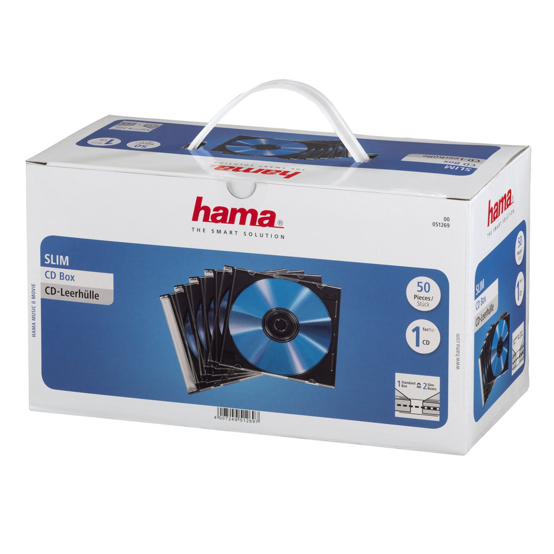 Pudełko 50 smukłych etui na CD, niebiesko-czarne, z logo Hama.