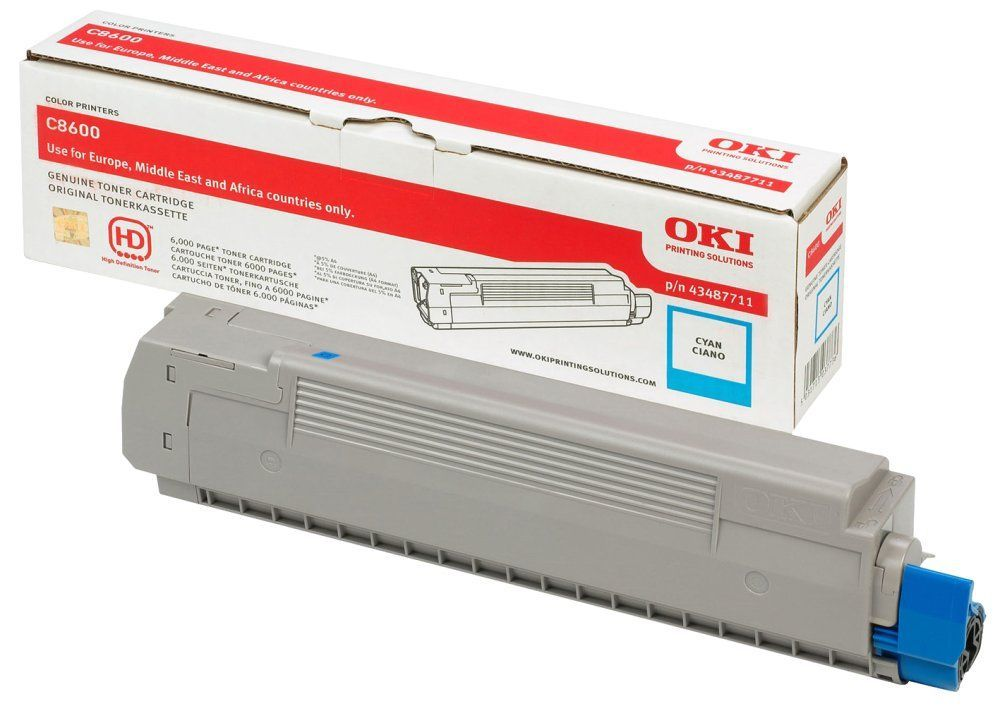Cartuccia toner OKI C8600 Ciano grigia con scatola, per Europa, Medio Oriente, Africa.