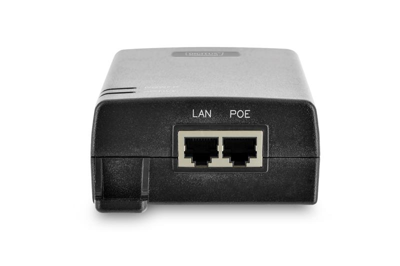 Ein schwarzer PoE-Splitter mit zwei Ethernet-Anschlüssen und Beschriftungen.