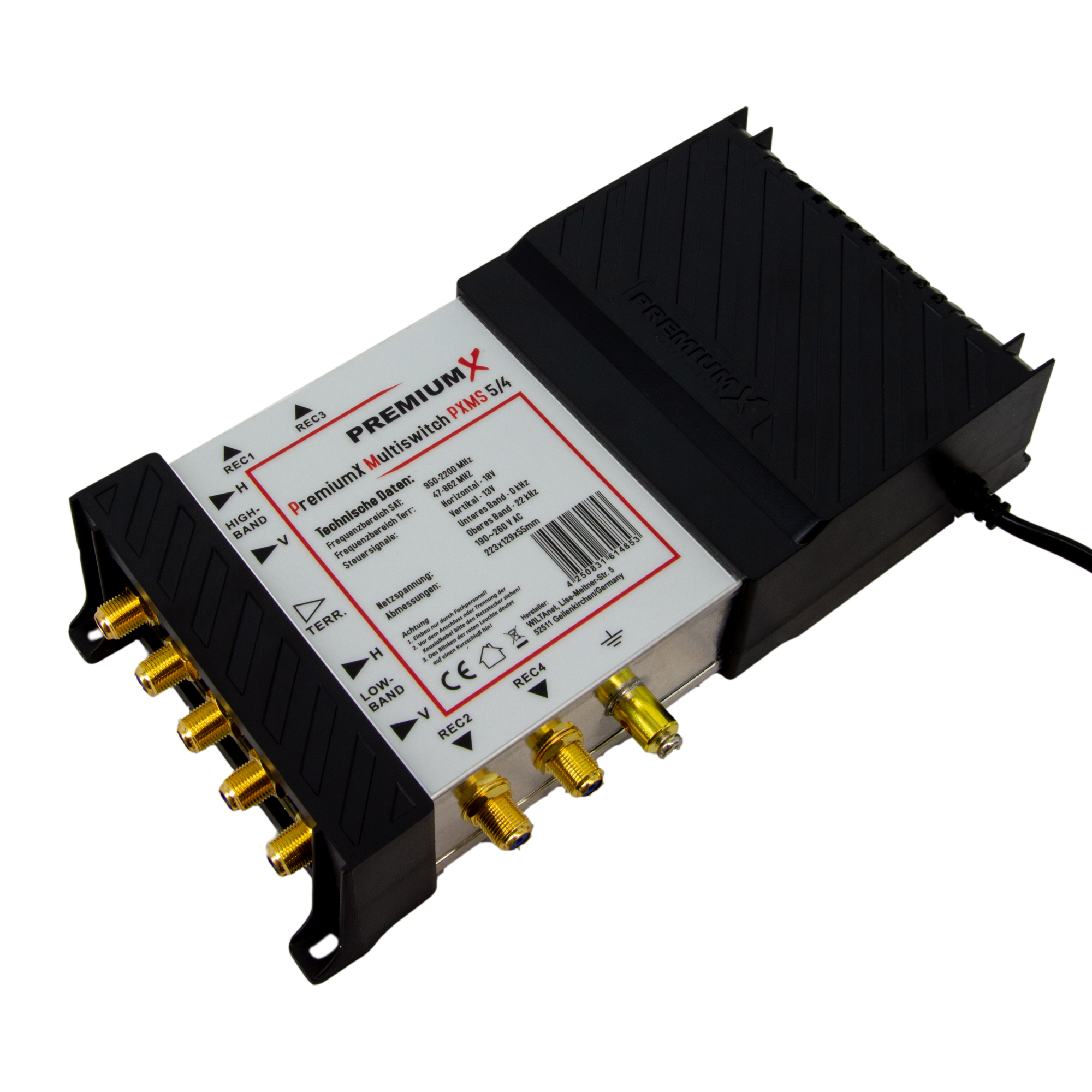 Ein schwarzer PremiumX Multiswitch PXMS 5/4 mit goldenen Anschlüssen auf weißem Hintergrund.