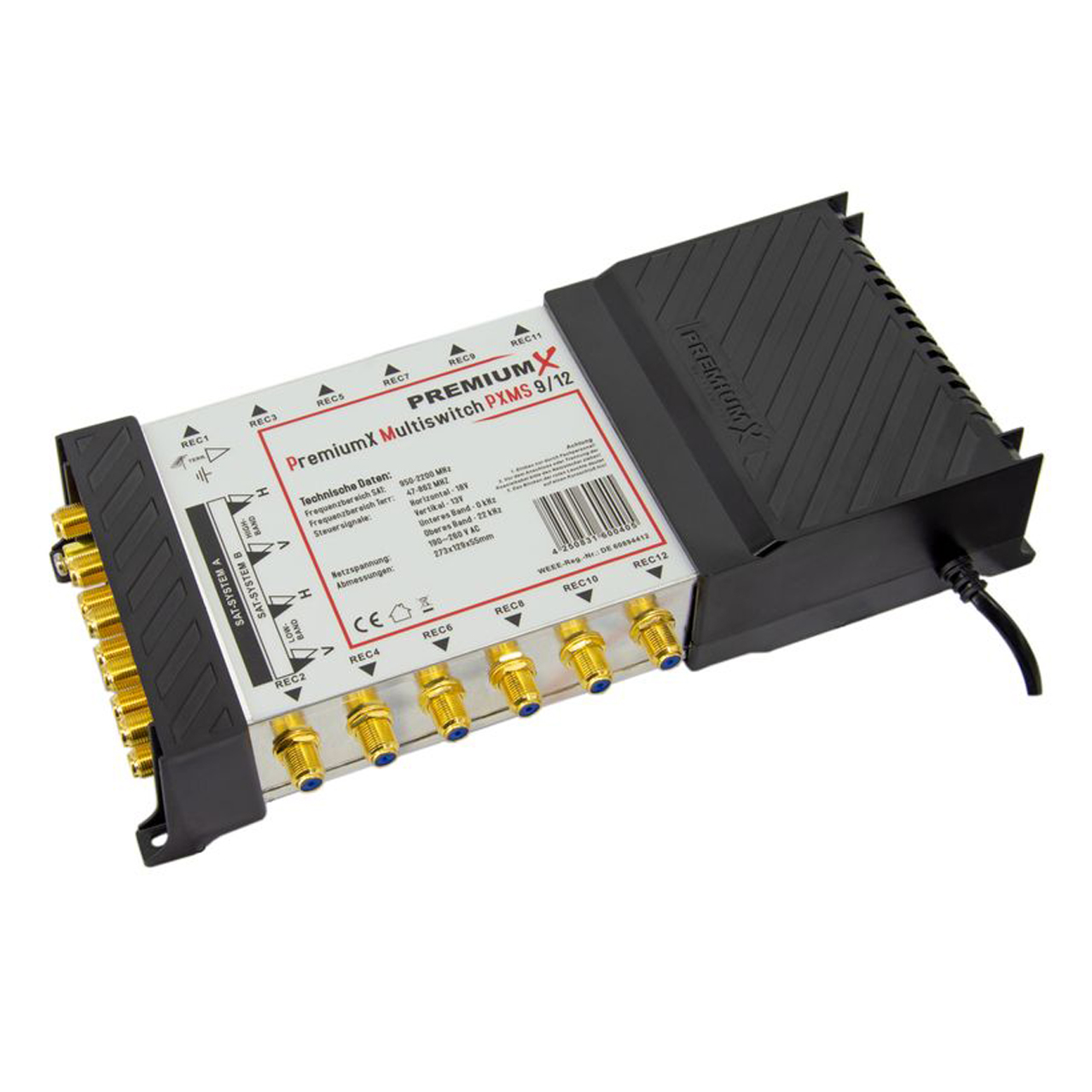 PremiumX Multiswitch PXMS 9/12 mit goldenen Anschlüssen und technischer Beschriftung.