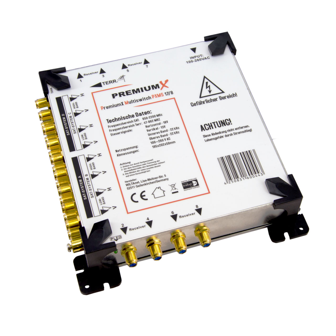 Ein PremiumX Multiswitch PXMS 17/8 mit Anschlüssen für Receiver und Satellitensysteme.