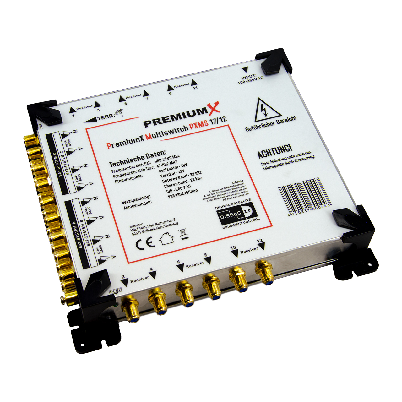 PremiumX Multiswitch PXMS 17/12 mit Anschlüssen für 4 Sat-Systeme und 12 Receiver.