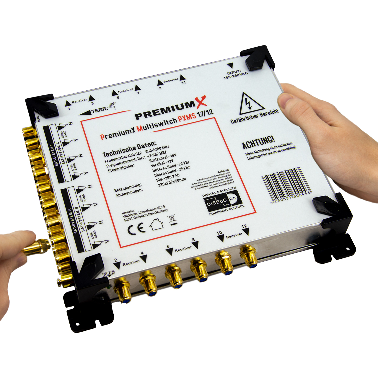 PremiumX Multiswitch mit Anschlüssen für Receiver und Satellitensysteme.