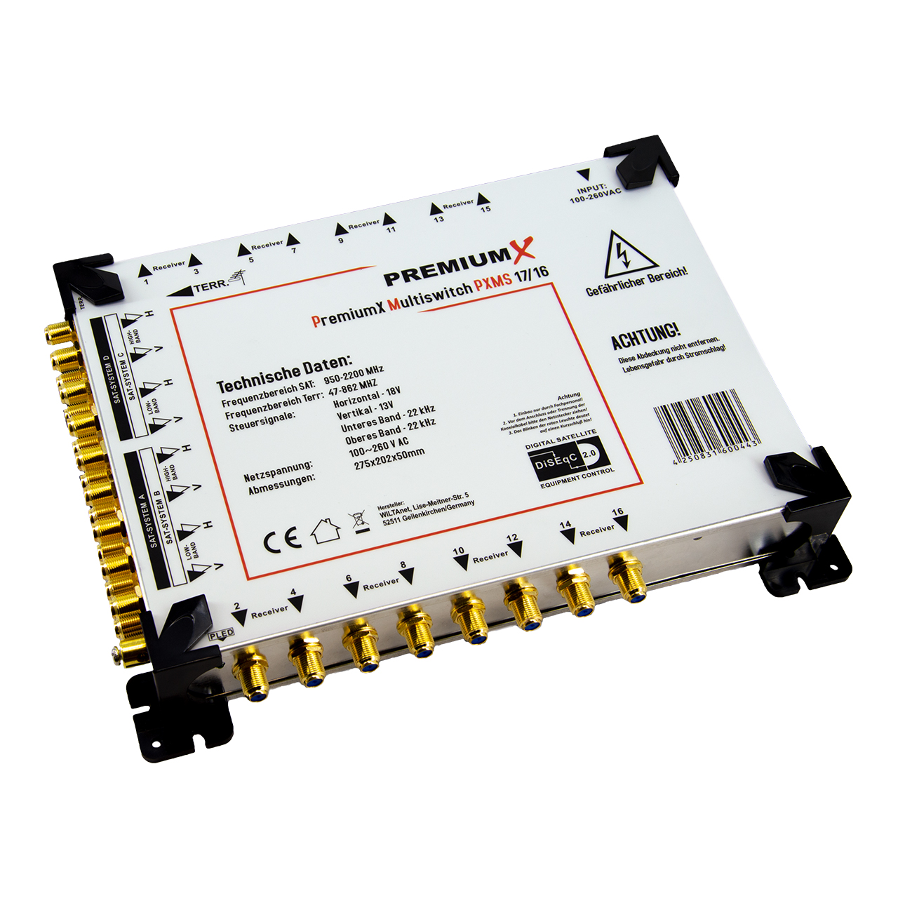 Ein PremiumX Multiswitch PXMS 17/16 mit vielen Anschlüssen und technischen Daten.