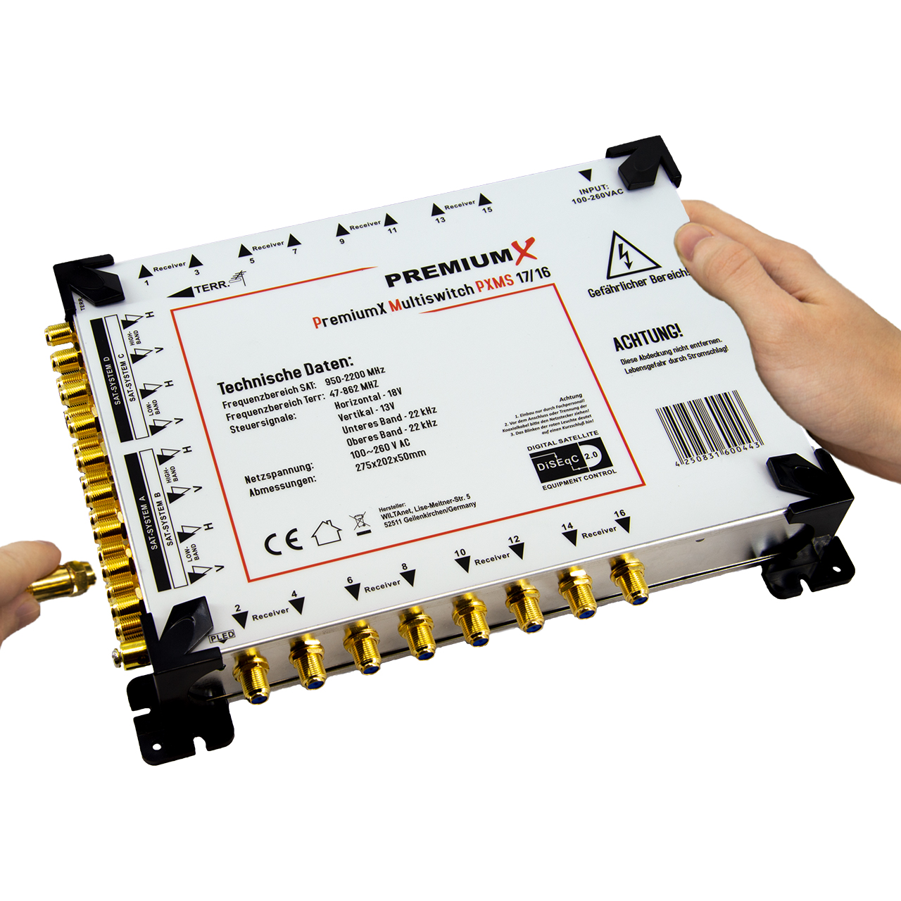 Ein PremiumX Multiswitch mit Anschlüssen für SAT-Systeme A, B, C, D, Terrestrisch und 16 Receiver.