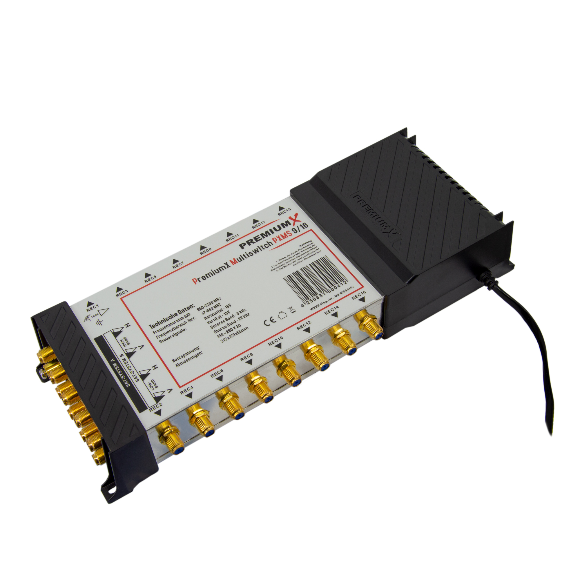 Ein PremiumX Multiswitch PXMS 9/16 mit vielen Anschlüssen und einem schwarzen Kabel.