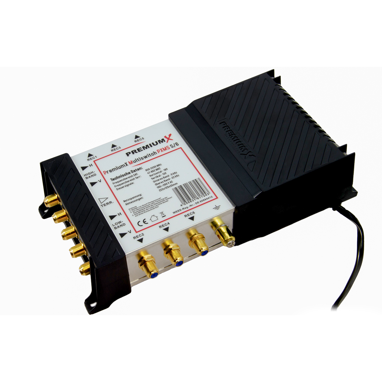 Ein silberner Multiswitch von PremiumX mit schwarzen Anschlüssen und Kabeln.
