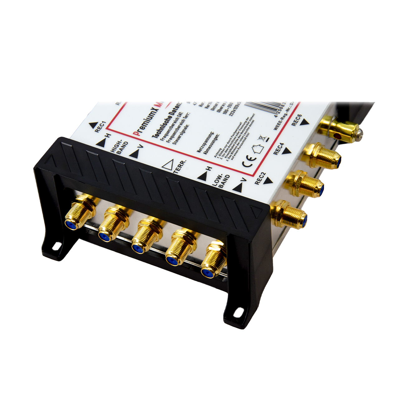 Ein F-Steckverbinder-Verteiler mit Beschriftungen wie REC1, REC2, REC4, REC6.