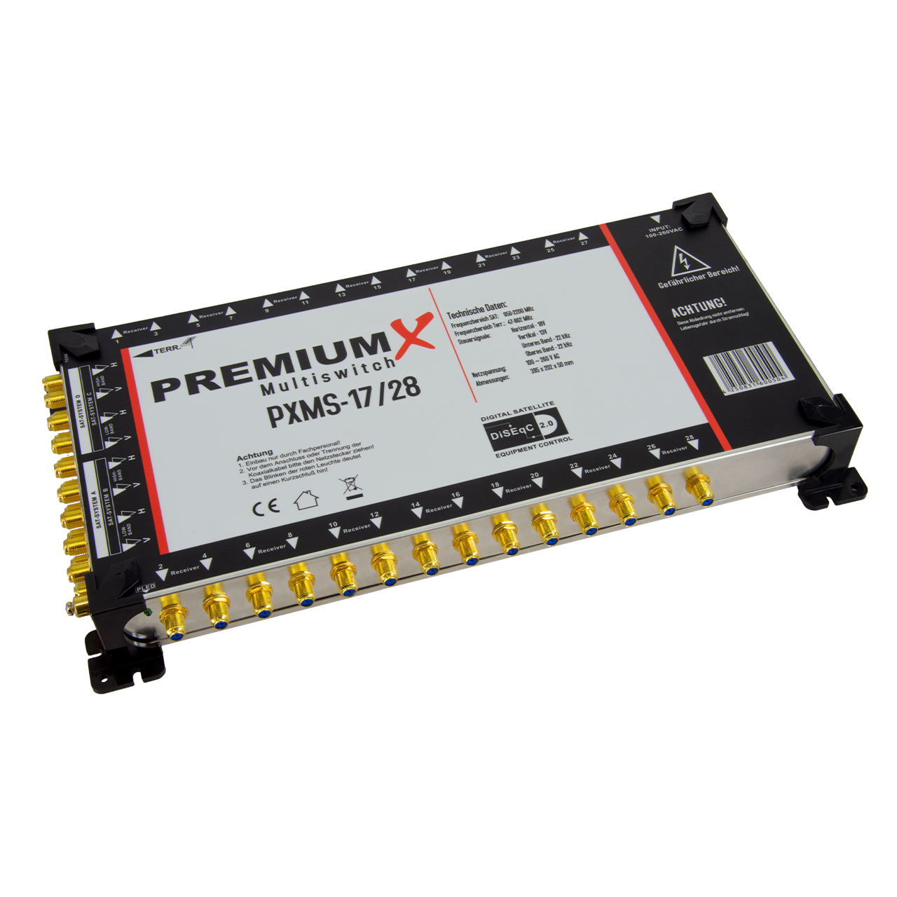 PremiumX Multiswitch PXMS-17/28 mit vielen Anschlüssen und technischen Daten.