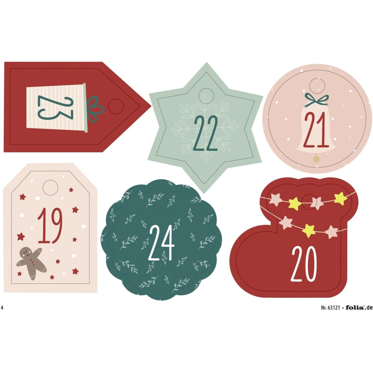 Adventskalender-Aufkleber: Nummern 19-24 mit weihnachtlichen Motiven.