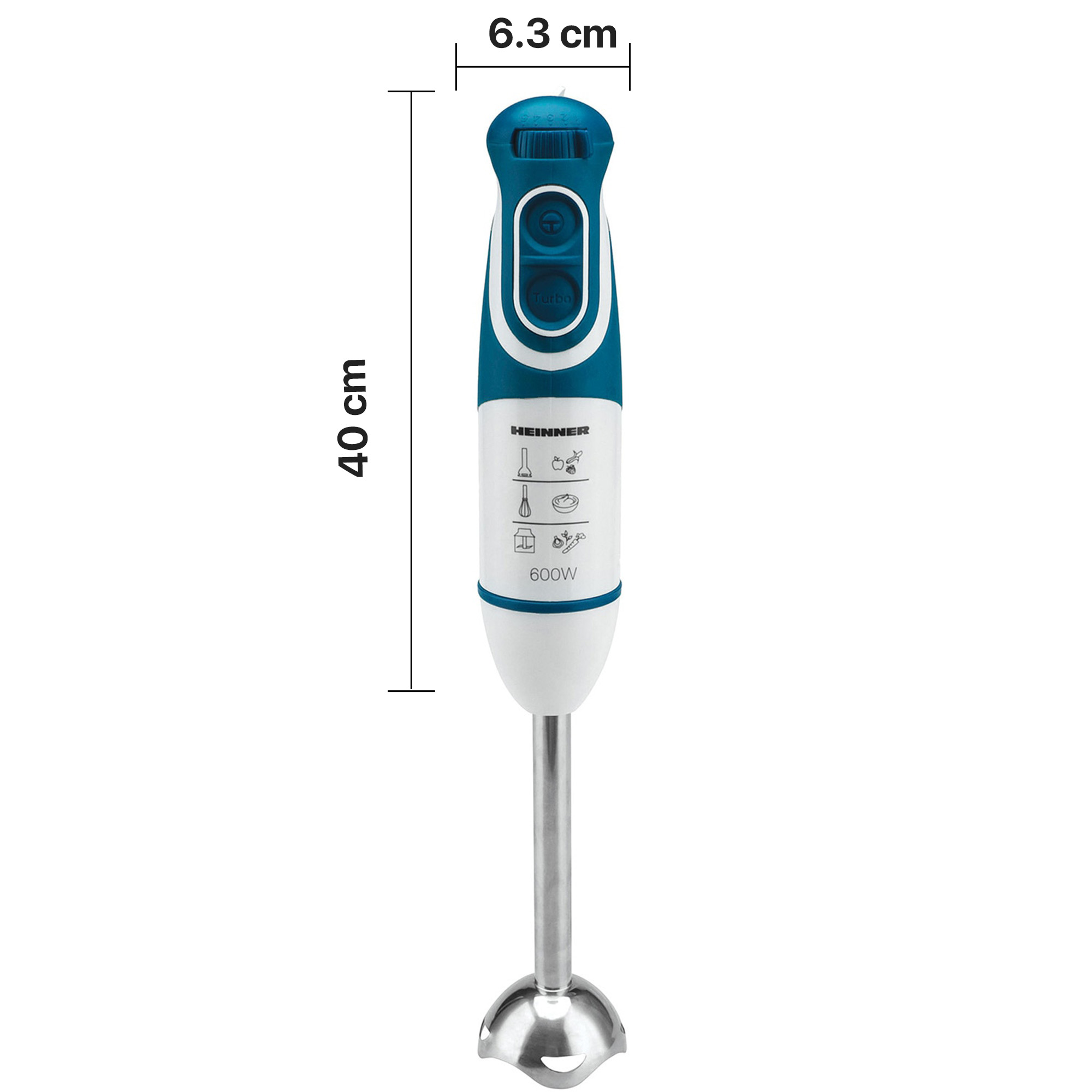Ein weißer und blauer Stabmixer mit 600W Leistung und Messungen.